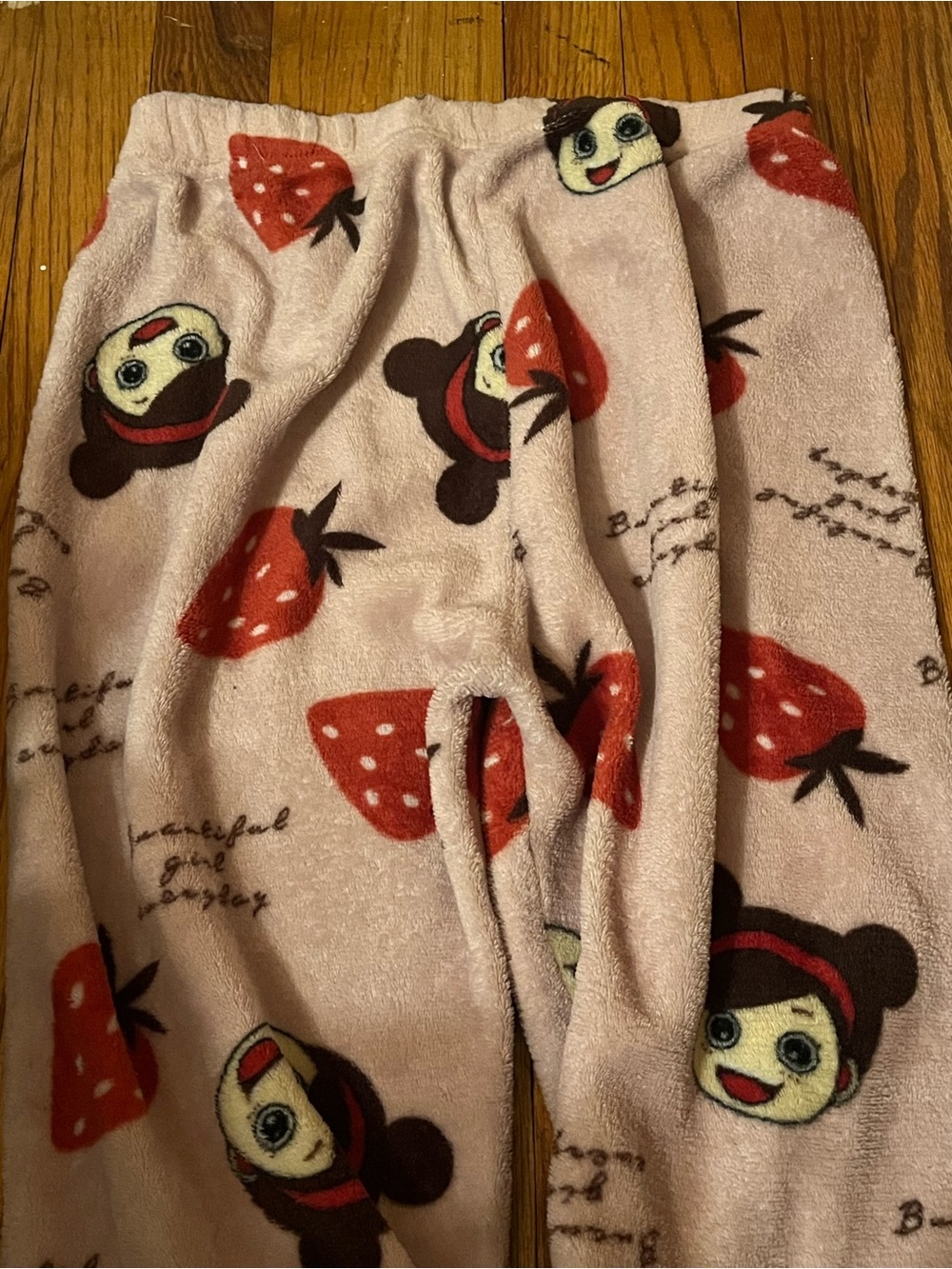 Macy's Pink Plush Pajama Pants with Red Strawberry & Brown Cartoon Faces